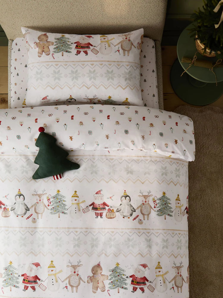 Next Uk Ecru Santa Friends Reversible Christmas Duvet Cover and Pillowcase Set