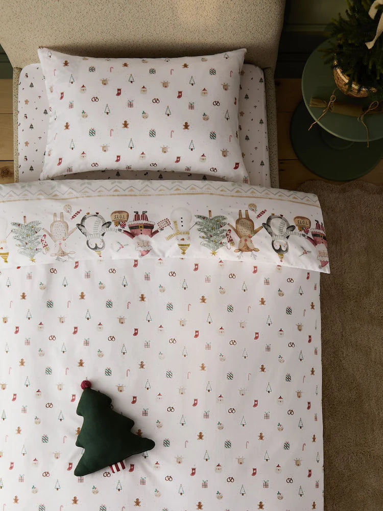 Next Uk Ecru Santa Friends Reversible Christmas Duvet Cover and Pillowcase Set