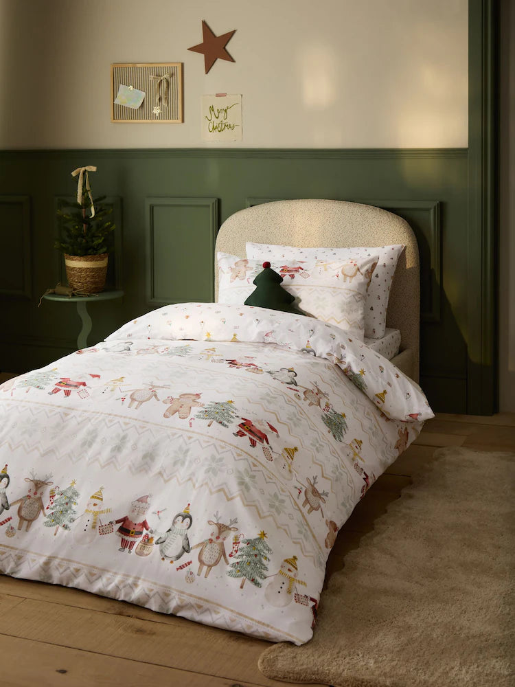 Next Uk Ecru Santa Friends Reversible Christmas Duvet Cover and Pillowcase Set