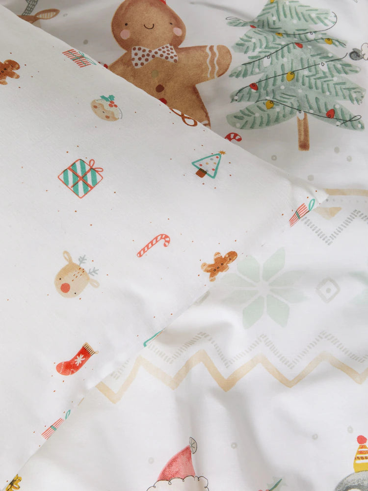 Next Uk Ecru Santa Friends Reversible Christmas Duvet Cover and Pillowcase Set