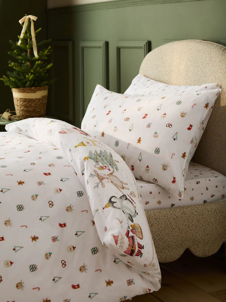Next Uk Ecru Santa Friends Reversible Christmas Duvet Cover and Pillowcase Set