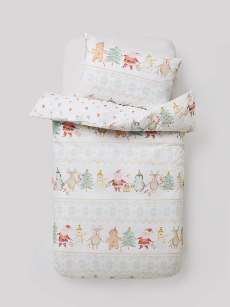 Next Uk Ecru Santa Friends Reversible Christmas Duvet Cover and Pillowcase Set