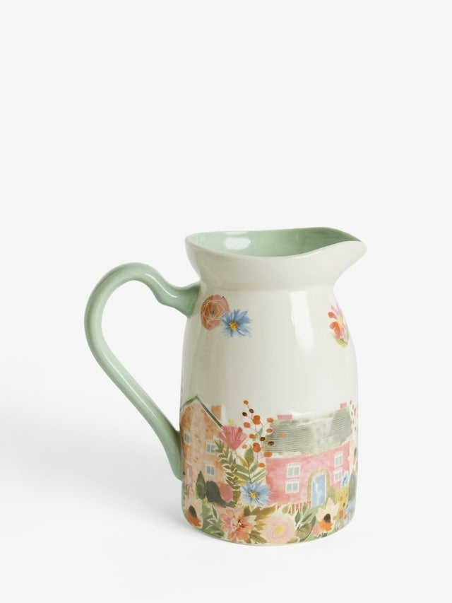 Next Uk White/Pink House Scene Jug Vase E05-693