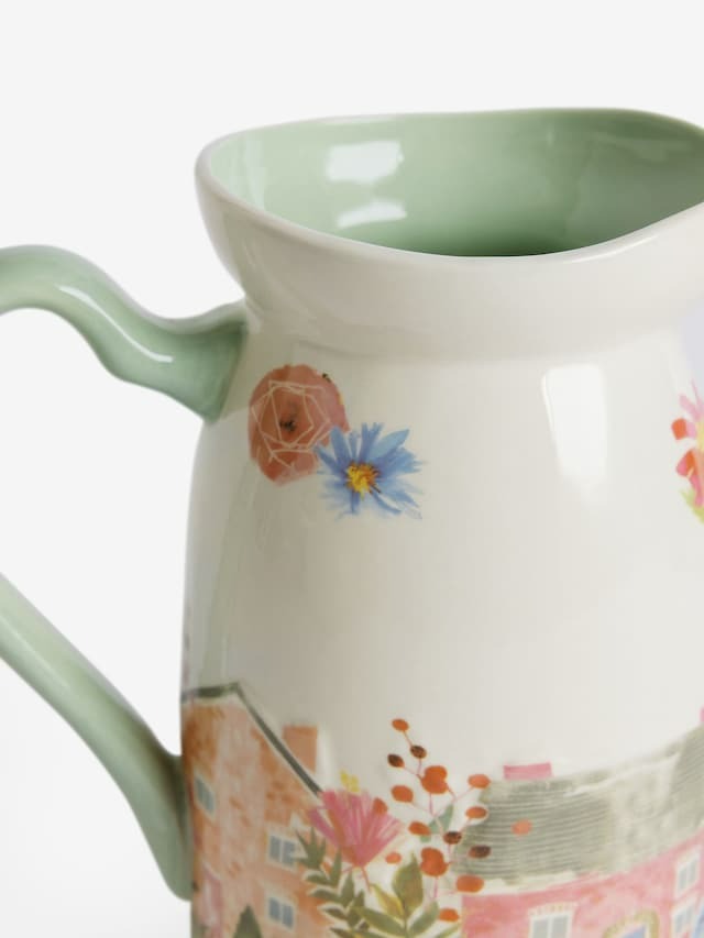 Next Uk White/Pink House Scene Jug Vase E05-693