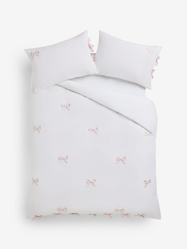 Next Uk White/Pink Bow Embroidered Duvet Cover and Pillowcase Set B65-776