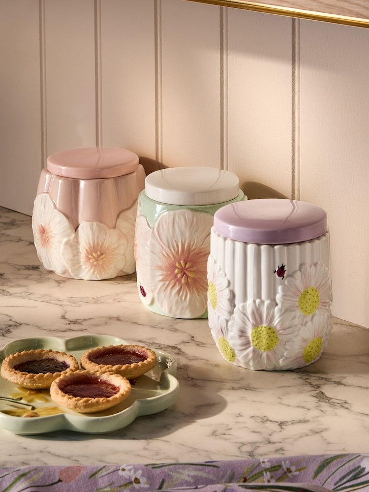 Next Uk Set of 3 Pastel Lila Floral Storage Jars E12-745