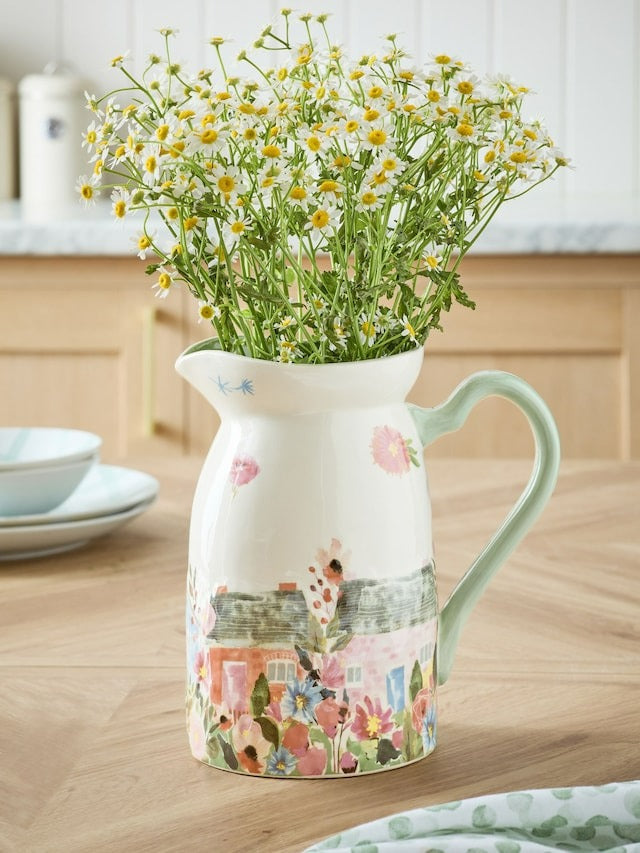 Next Uk White/Pink House Scene Jug Vase E05-693