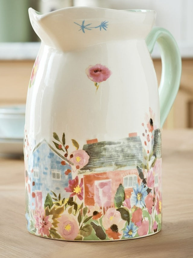 Next Uk White/Pink House Scene Jug Vase E05-693