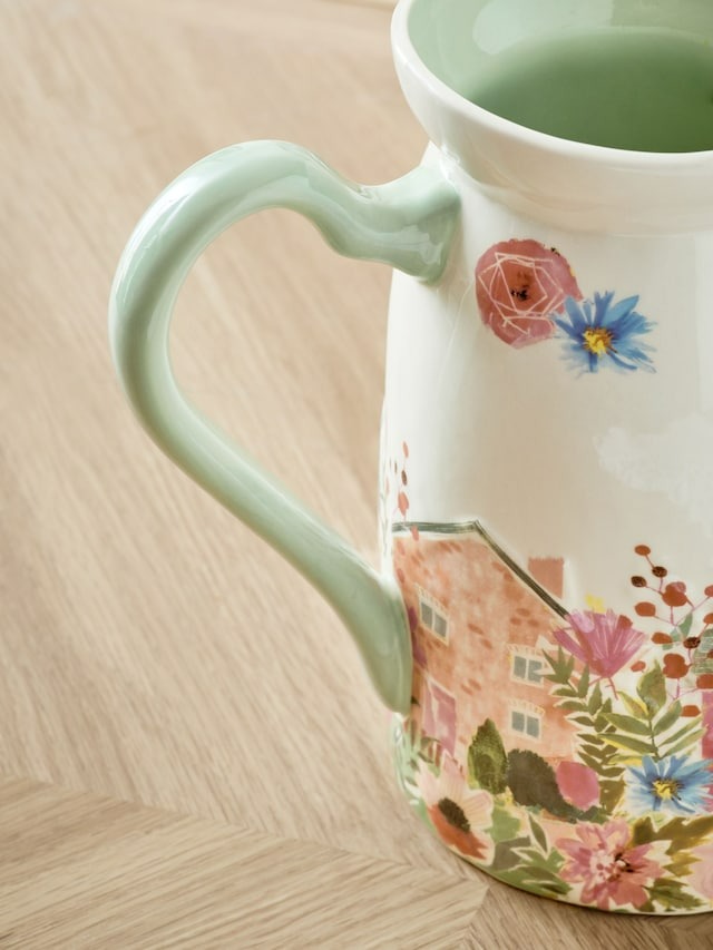 Next Uk White/Pink House Scene Jug Vase E05-693