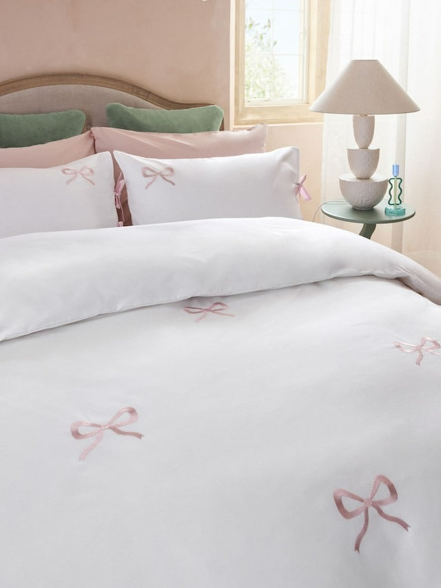 Next Uk White/Pink Bow Embroidered Duvet Cover and Pillowcase Set B65-776