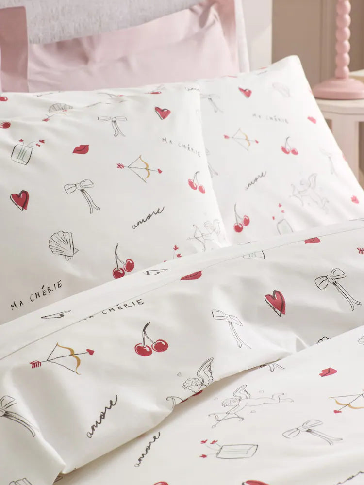 Next Uk Red/Black Heart Bows Reversible Duvet Cover and Pillowcase Set