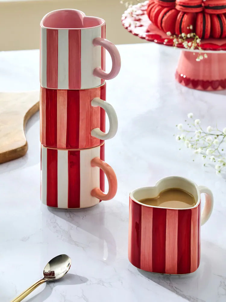 Next Uk Set of 4 Pink Stripe Heart Shaped Stacking Mugs