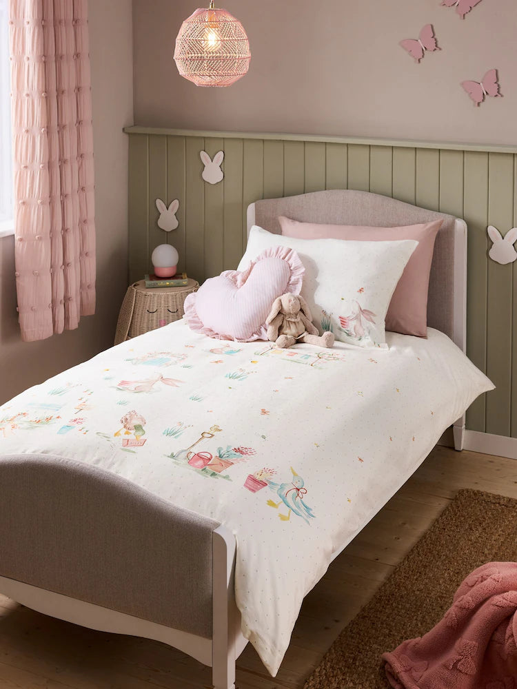Next Uk White Bunny Scene 100% Cotton Textured Printed Duvet Cover and Pillowcase Set