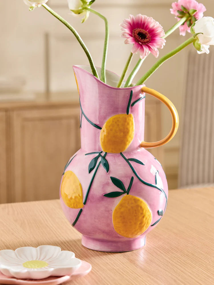 Preorder Pink & Yellow Handpainted Lemons Ceramic Jug Vase (Height 27cm  Width 17cm  Depth 18cm)