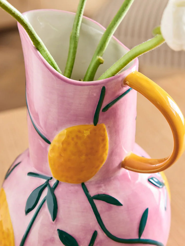 Preorder Pink & Yellow Handpainted Lemons Ceramic Jug Vase (Height 27cm  Width 17cm  Depth 18cm)