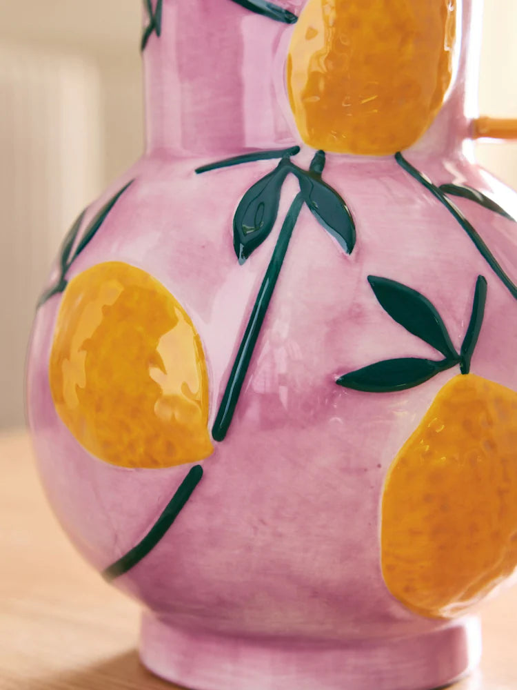 Preorder Pink & Yellow Handpainted Lemons Ceramic Jug Vase (Height 27cm  Width 17cm  Depth 18cm)