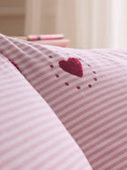Next Uk Pink/Red Stripe Brushed Cotton Tufted Heart Duvet Cover and Pillowcase Set