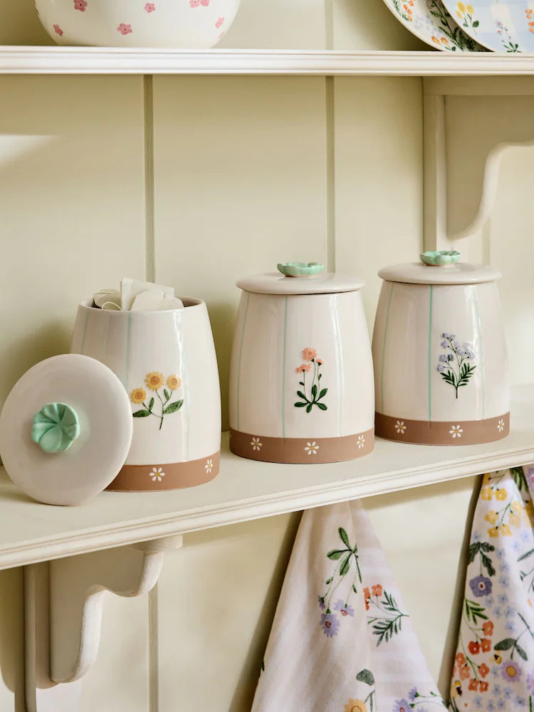 Next Uk Set of 3 Natural Floral Ceramic Storage Jars
