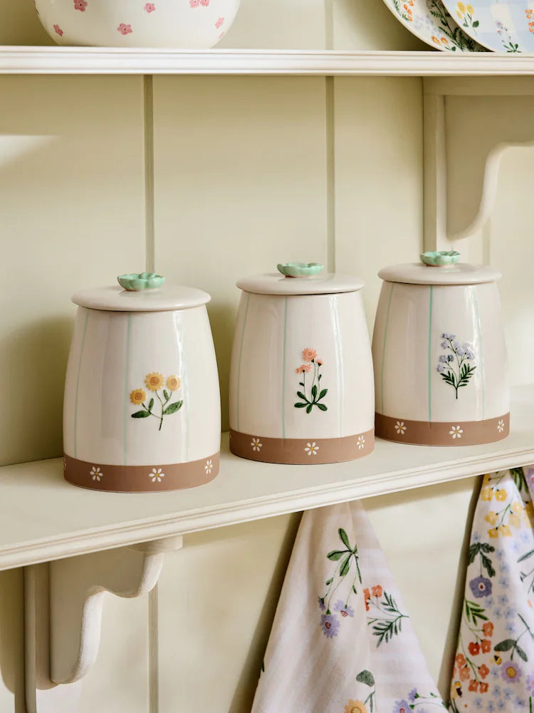 Next Uk Set of 3 Natural Floral Ceramic Storage Jars