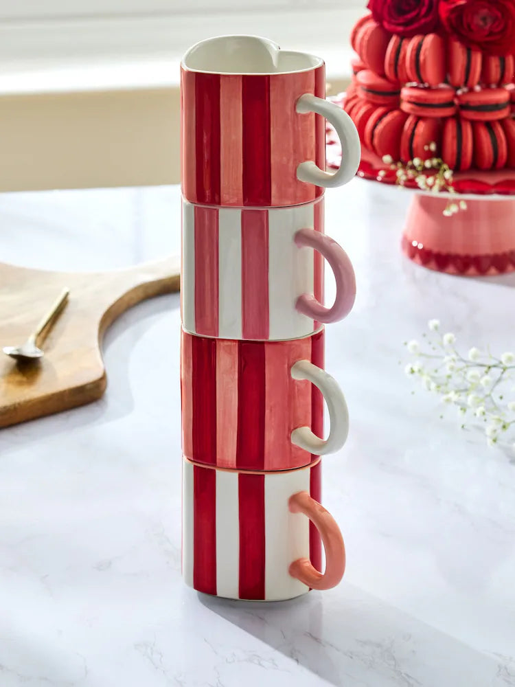Next Uk Set of 4 Pink Stripe Heart Shaped Stacking Mugs