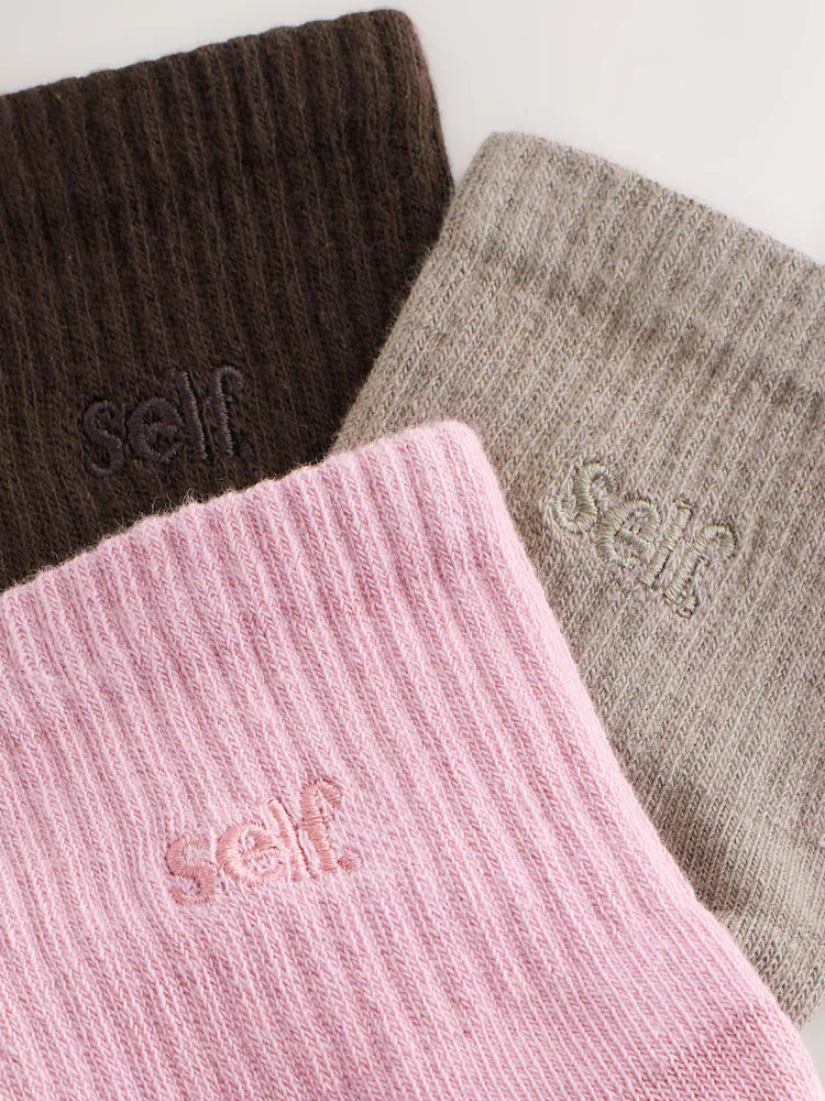 self. Black/Pink/Mocha Brown Cropped Ankle Embroidered Logo Gripper Socks 3 Pack
