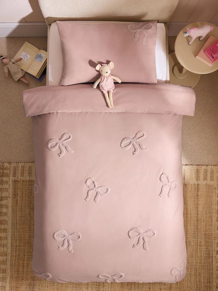 Next Uk Pink Tufted Bows Cotton Duvet Cover and Pillowcase Set