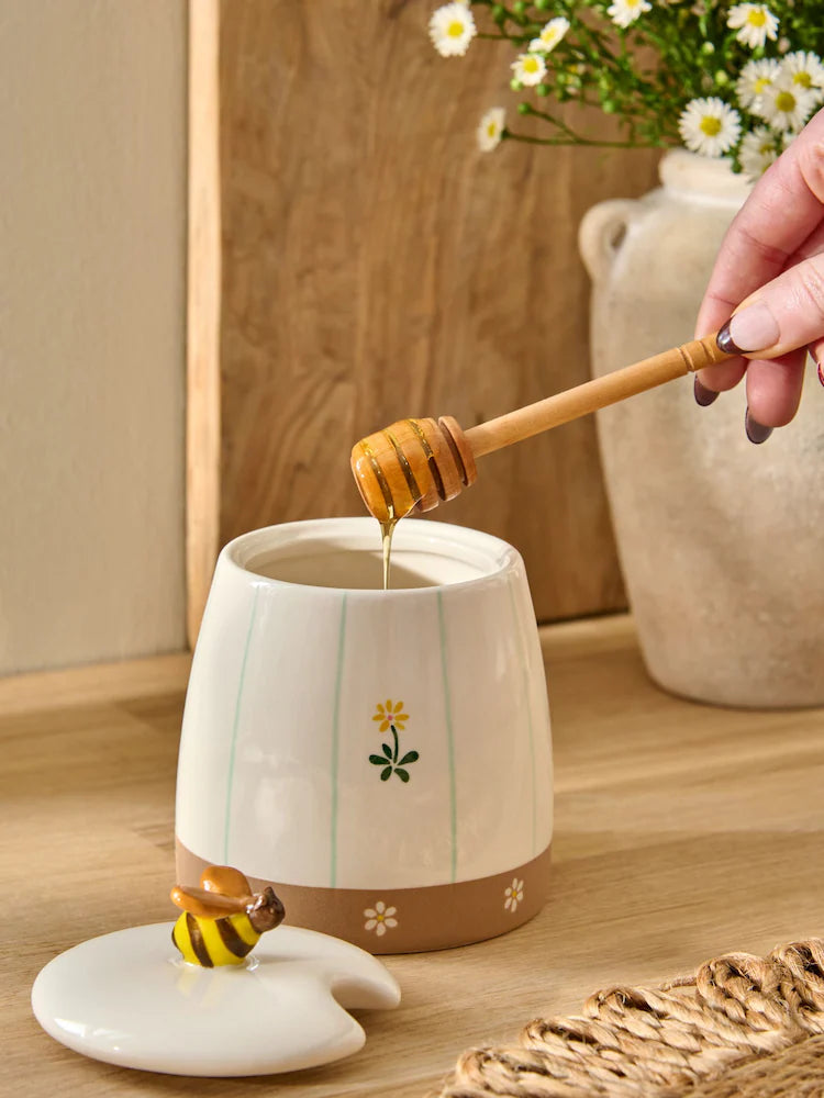 Next Uk Natural Maisie Floral Print Honey Pot with Wooden Honey Drizzler