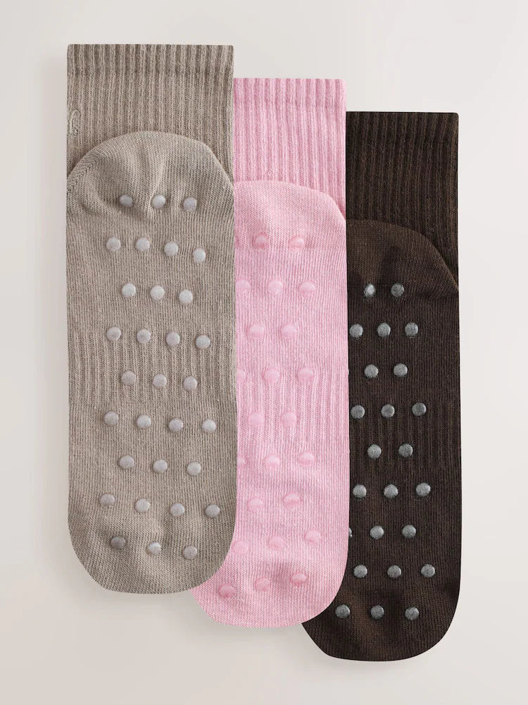 self. Black/Pink/Mocha Brown Cropped Ankle Embroidered Logo Gripper Socks 3 Pack