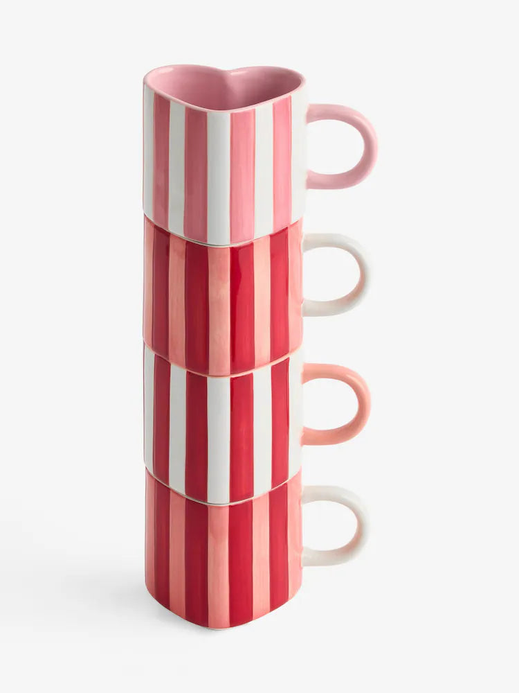 Next Uk Set of 4 Pink Stripe Heart Shaped Stacking Mugs
