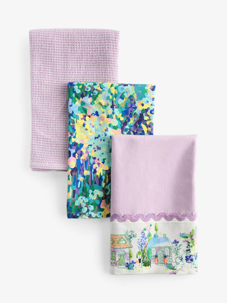 Next UK Set of 3 Purple Garden Houses Tea Towels