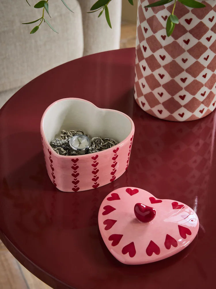 Next Uk Pink Ceramic Heart Trinket Pot (Height 8cm Diameter 9.5cm)