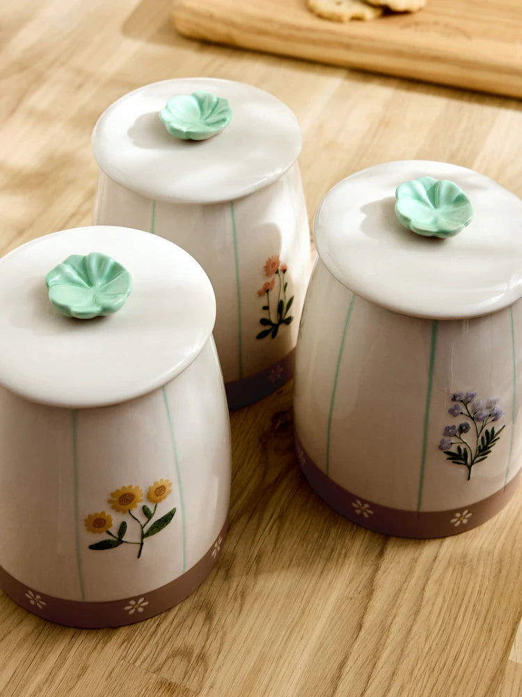 Next Uk Set of 3 Natural Floral Ceramic Storage Jars