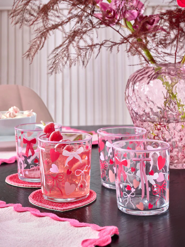 Next Uk Set of 4 Pink Heart and Bow Tumbler Glasses (H=8cm)