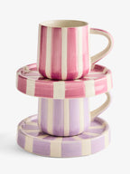 Pink/Purple Set of 2 Stripe Espresso Cup and Saucers
