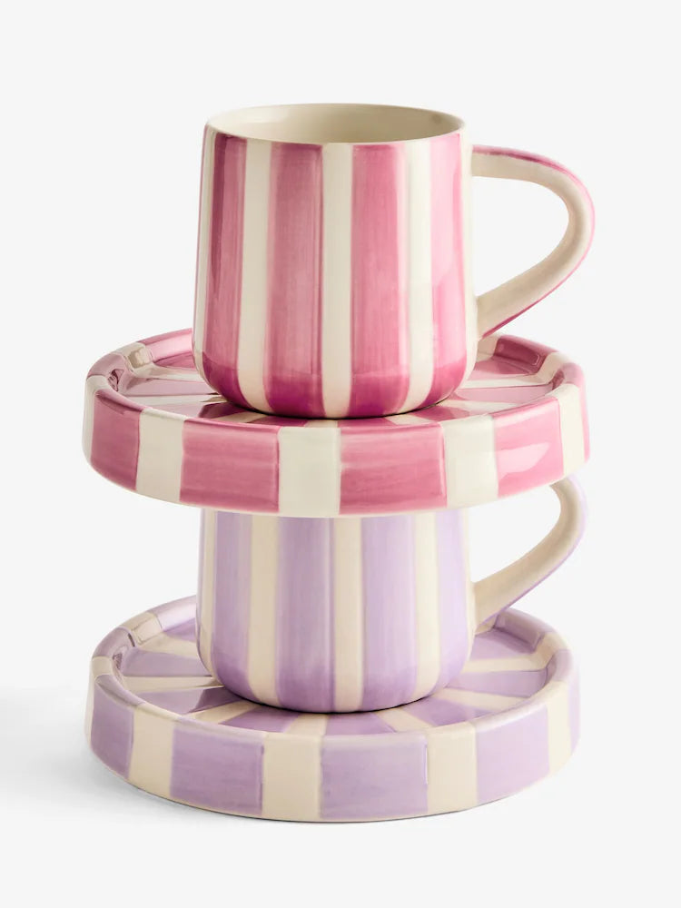 Pink/Purple Set of 2 Stripe Espresso Cup and Saucers