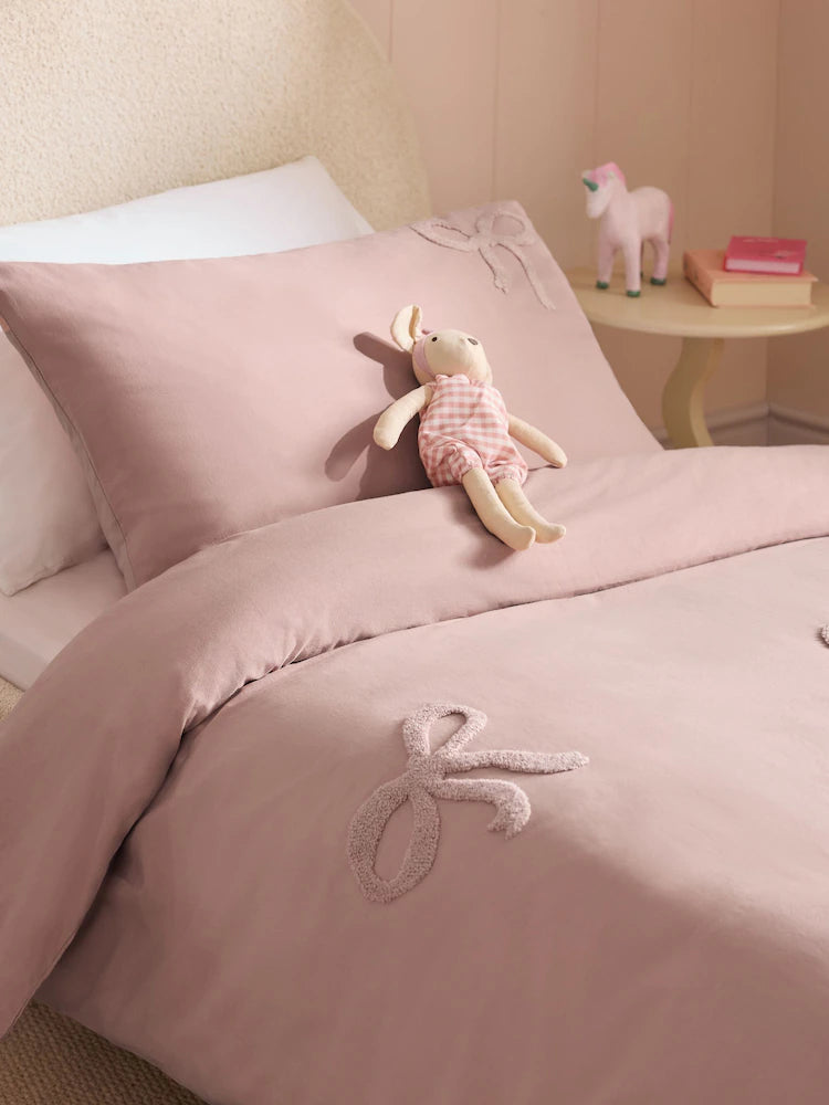 Next Uk Pink Tufted Bows Cotton Duvet Cover and Pillowcase Set