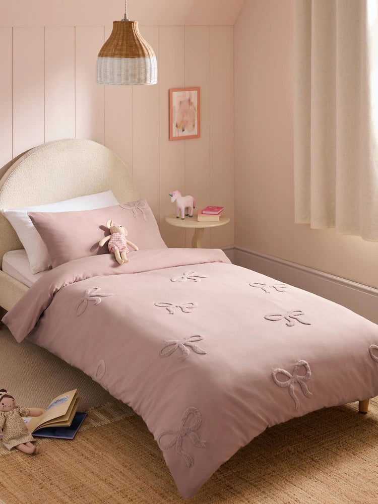 Next Uk Pink Tufted Bows Cotton Duvet Cover and Pillowcase Set