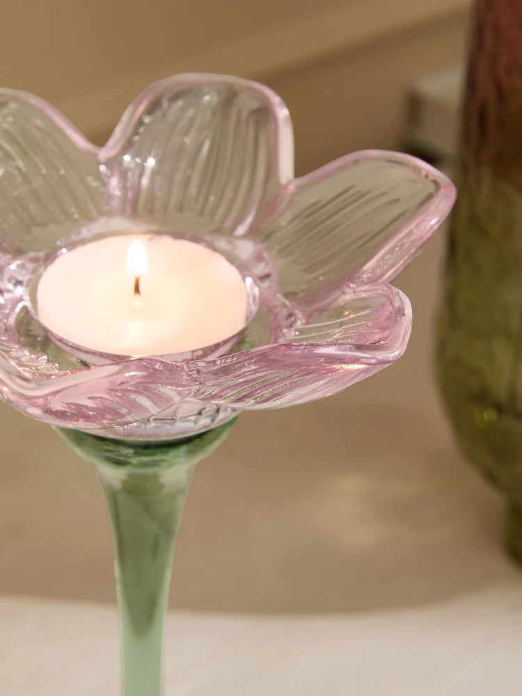 Next Uk Pink/Green Glass Flower Tea Light Holder