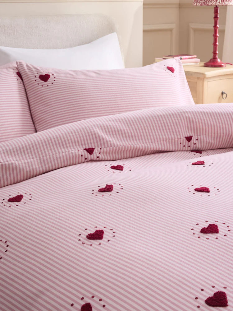 Next Uk Pink/Red Stripe Brushed Cotton Tufted Heart Duvet Cover and Pillowcase Set