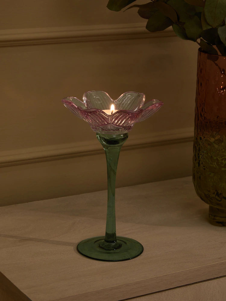 Next Uk Pink/Green Glass Flower Tea Light Holder