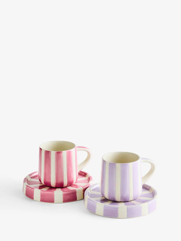 Pink/Purple Set of 2 Stripe Espresso Cup and Saucers