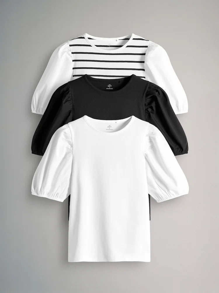 Next Uk The Set 3 Pack Puff Sleeve T-Shirts Black/White/Black and White Stripe