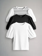 Next Uk The Set 3 Pack Puff Sleeve T-Shirts Black/White/Black and White Stripe