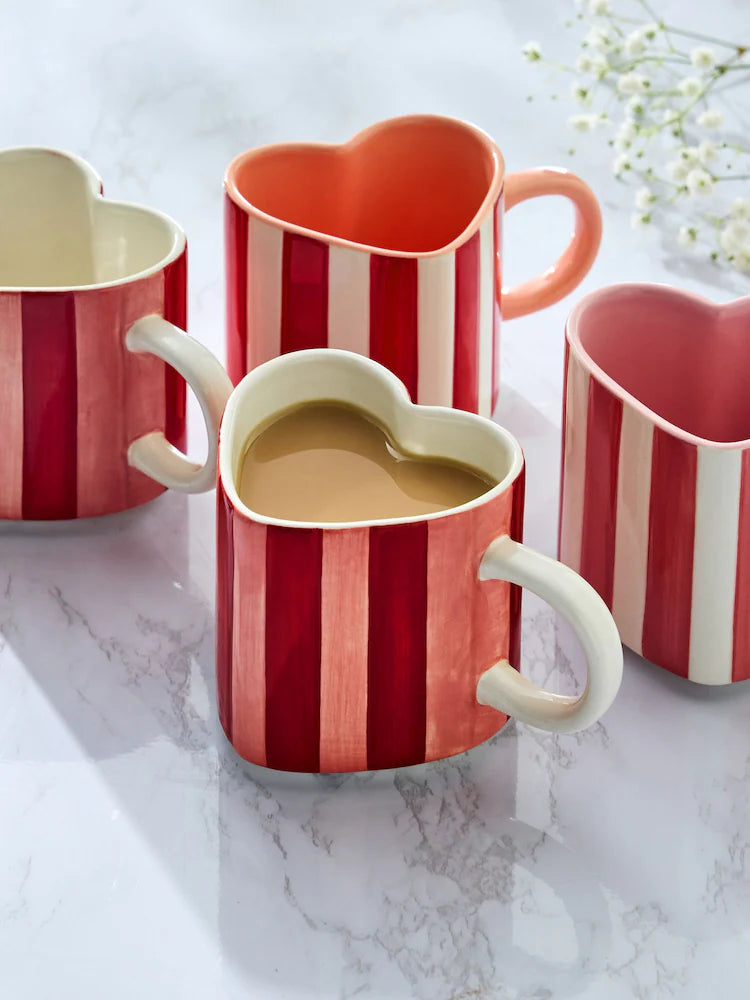 Next Uk Set of 4 Pink Stripe Heart Shaped Stacking Mugs