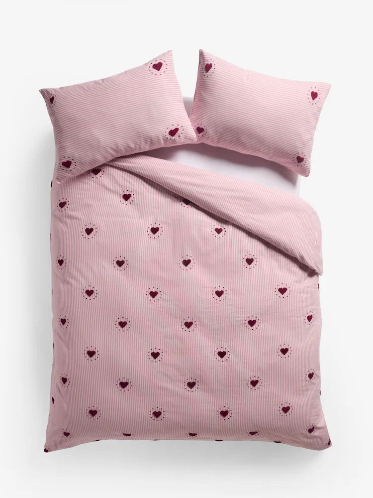 Next Uk Pink/Red Stripe Brushed Cotton Tufted Heart Duvet Cover and Pillowcase Set