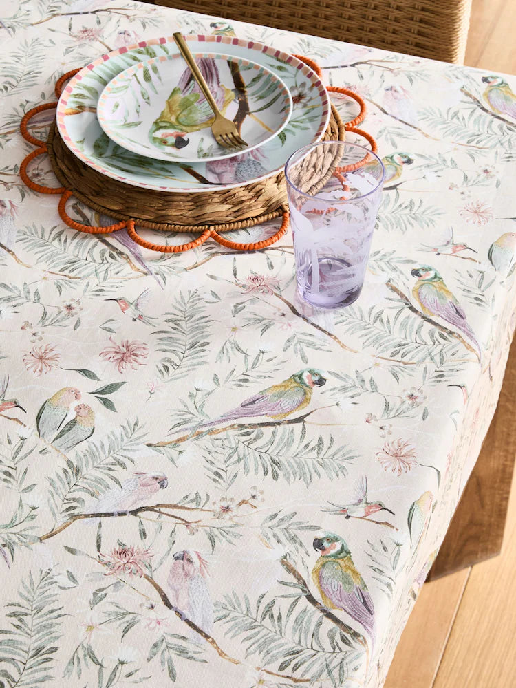 Next Uk Pink Love Bird Floral Wipe Clean Tablecloth