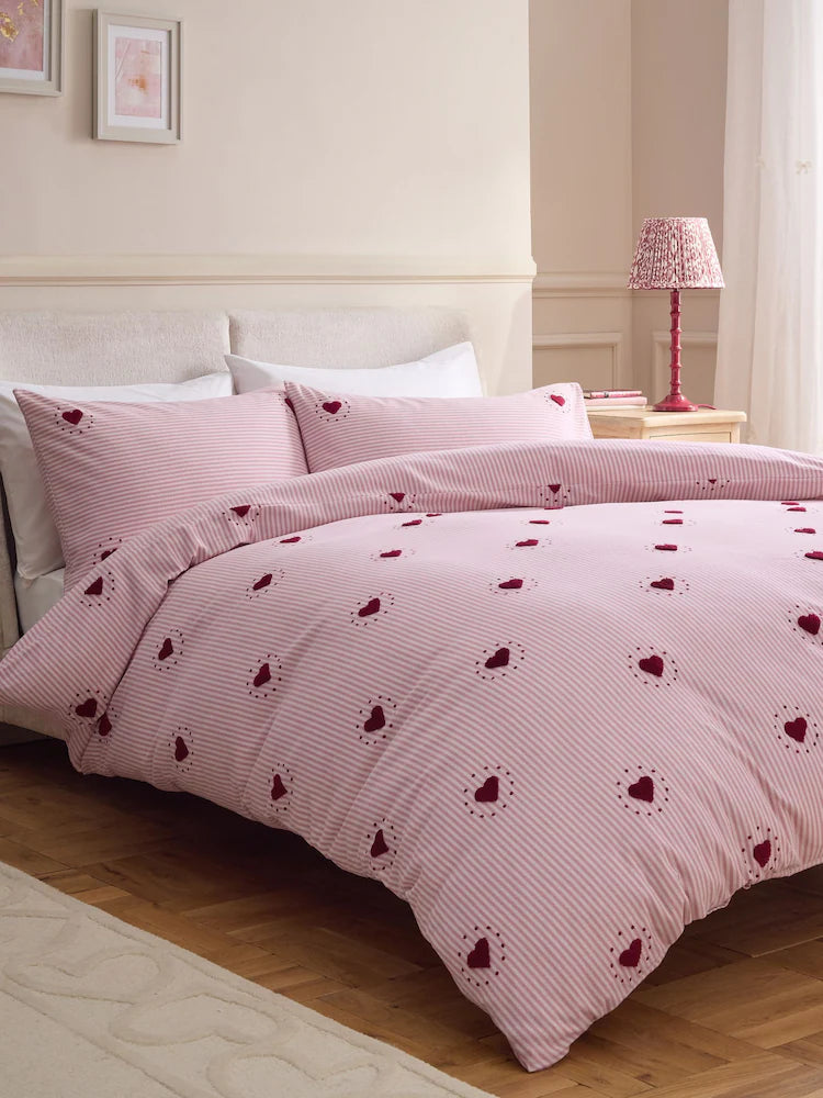 Next Uk Pink/Red Stripe Brushed Cotton Tufted Heart Duvet Cover and Pillowcase Set