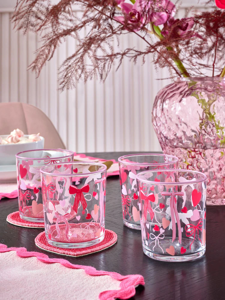 Next Uk Set of 4 Pink Heart and Bow Tumbler Glasses (H=8cm)