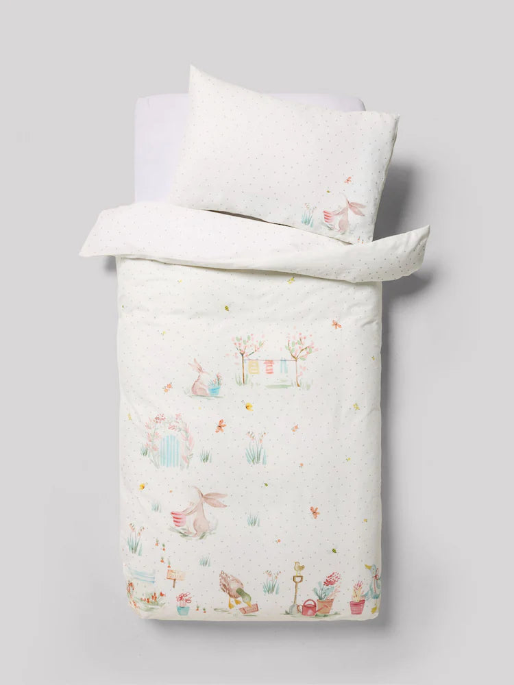 Next Uk White Bunny Scene 100% Cotton Textured Printed Duvet Cover and Pillowcase Set