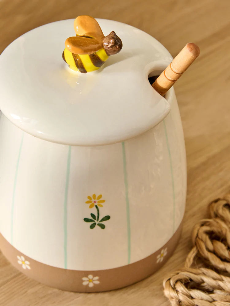 Next Uk Natural Maisie Floral Print Honey Pot with Wooden Honey Drizzler